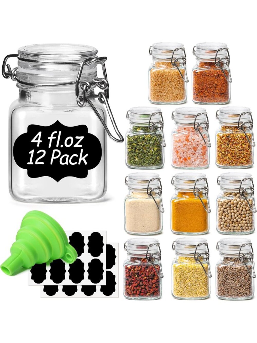 New Square Small Glass Spice Jars with Airtight Lids 4 oz 12 Pack Pantry